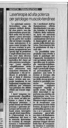 Articolo di giornale: Laserterapia ad alta potenza per patologie muscolo-tendinee